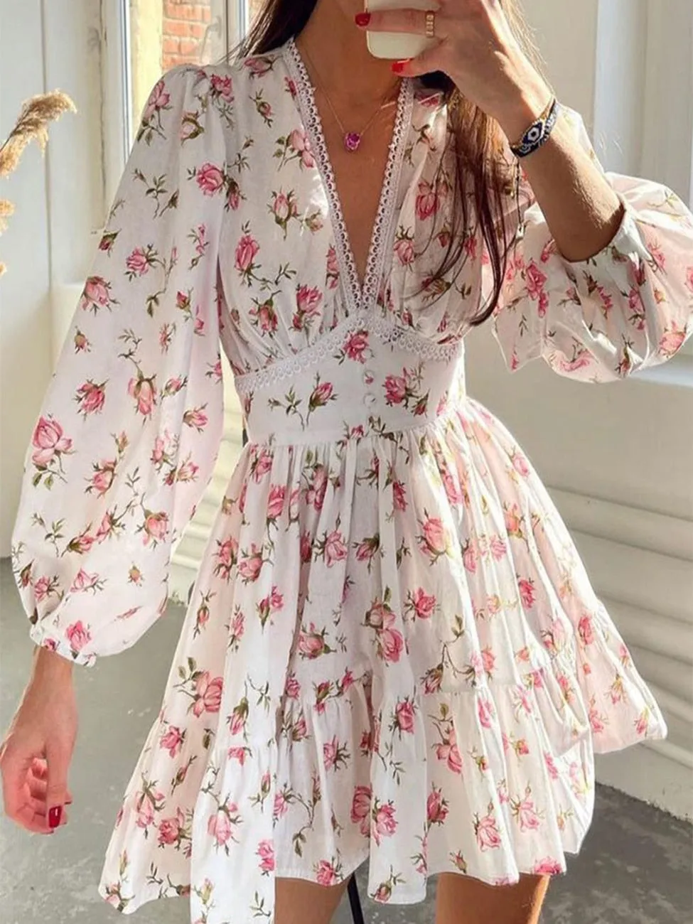 xakxx Floral Print Lantern Sleeve V Neck Lace Trim Ruched Dress Summer Mini Dress Women Holiday High Waist Frills Dresses Robe