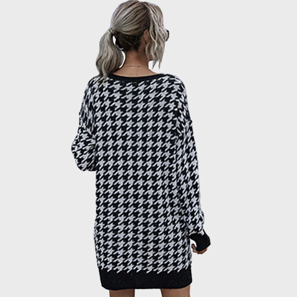 YESFASHION Houndstooth Slim Fit Low Neck Long Knitted Sweaters Dress